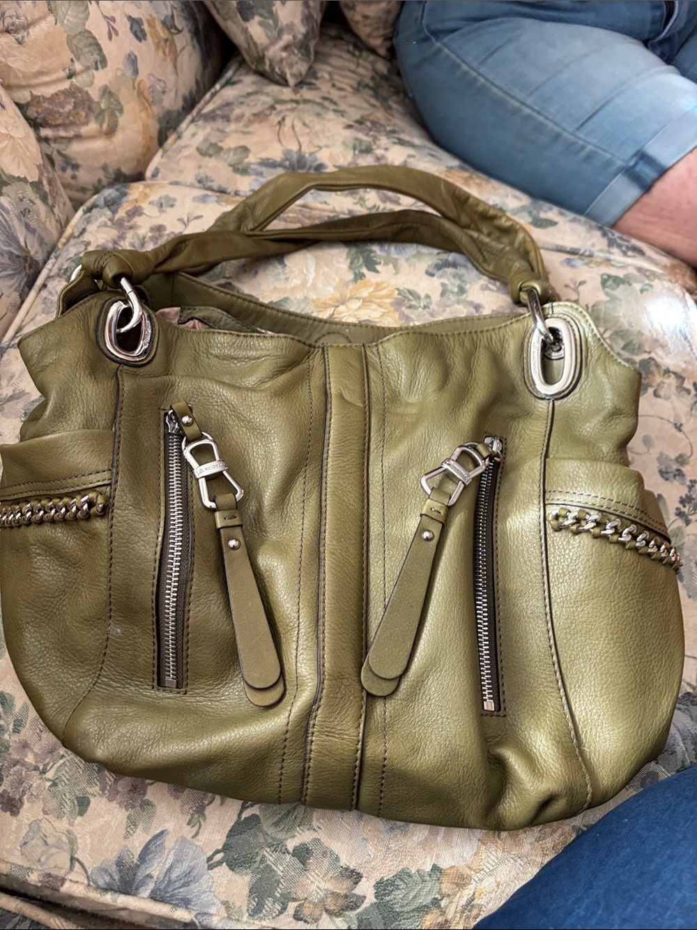 b. makowsky Olive Green Leather Tote with Blush Pink Lining